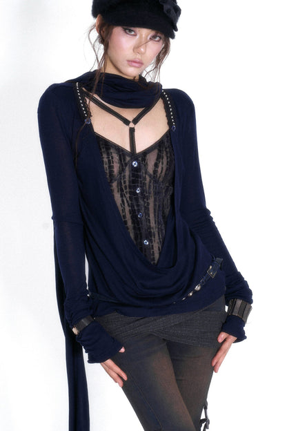 Cross-Neck Tencel Knit Mesh Spliced Long-Sleeved Top