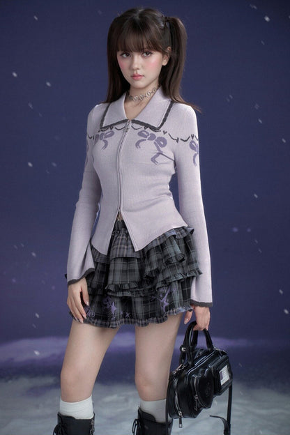Milk Purple Bow Jacquard Turn-Down Collar Sweater