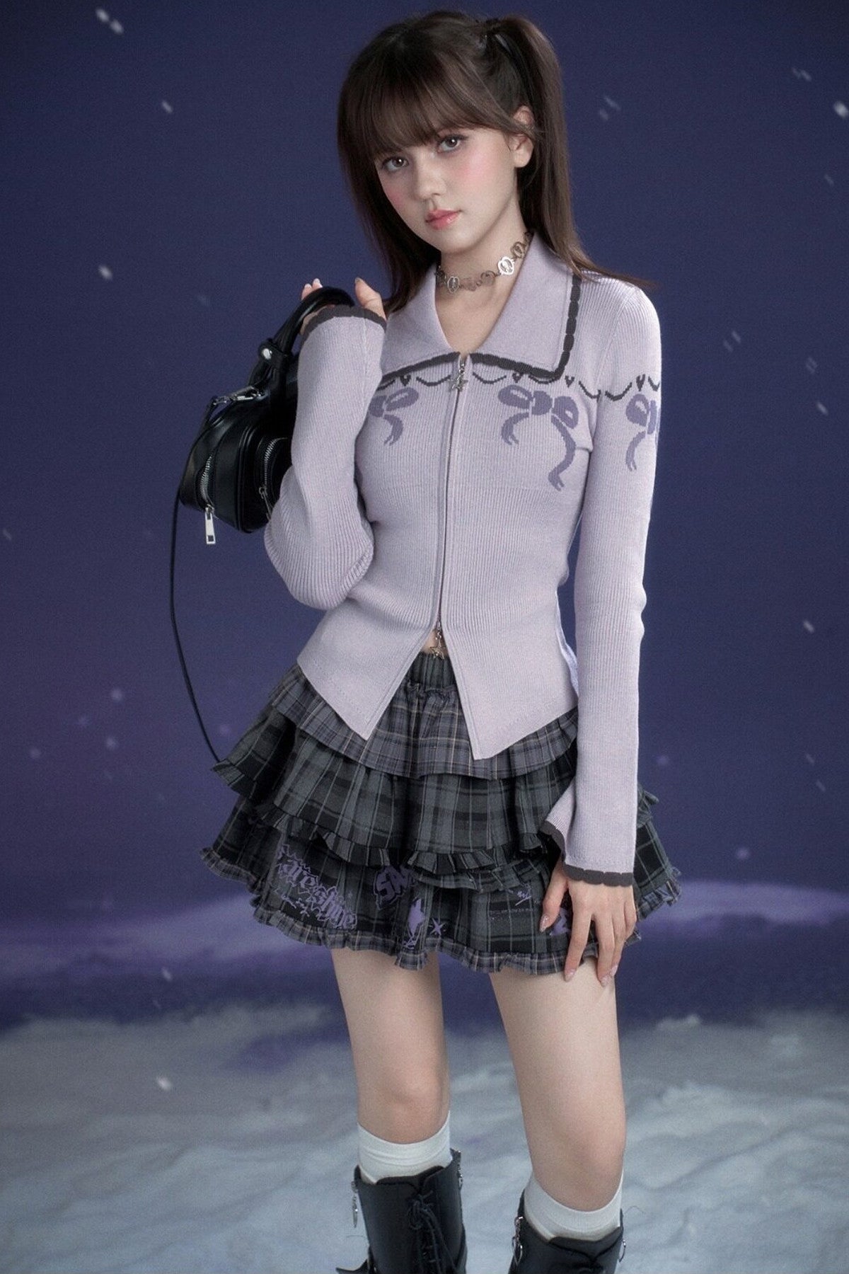 Milk Purple Bow Jacquard Turn-Down Collar Sweater
