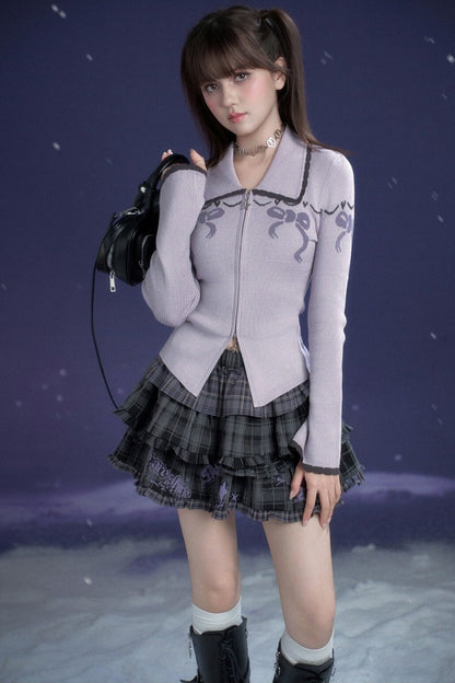 Milk Purple Bow Jacquard Turn-Down Collar Sweater