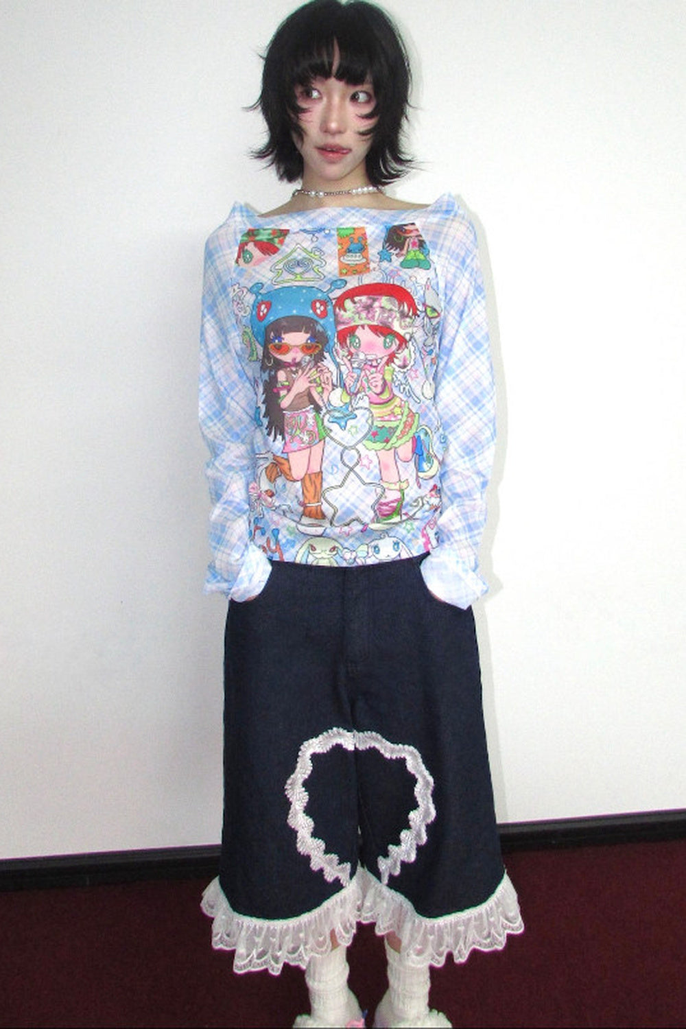 T-shirt a maniche lunghe in mesh elasticizzato a quadri