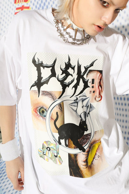 T-shirt oversize con anello in metallo a forma di occhio e gatto nero
