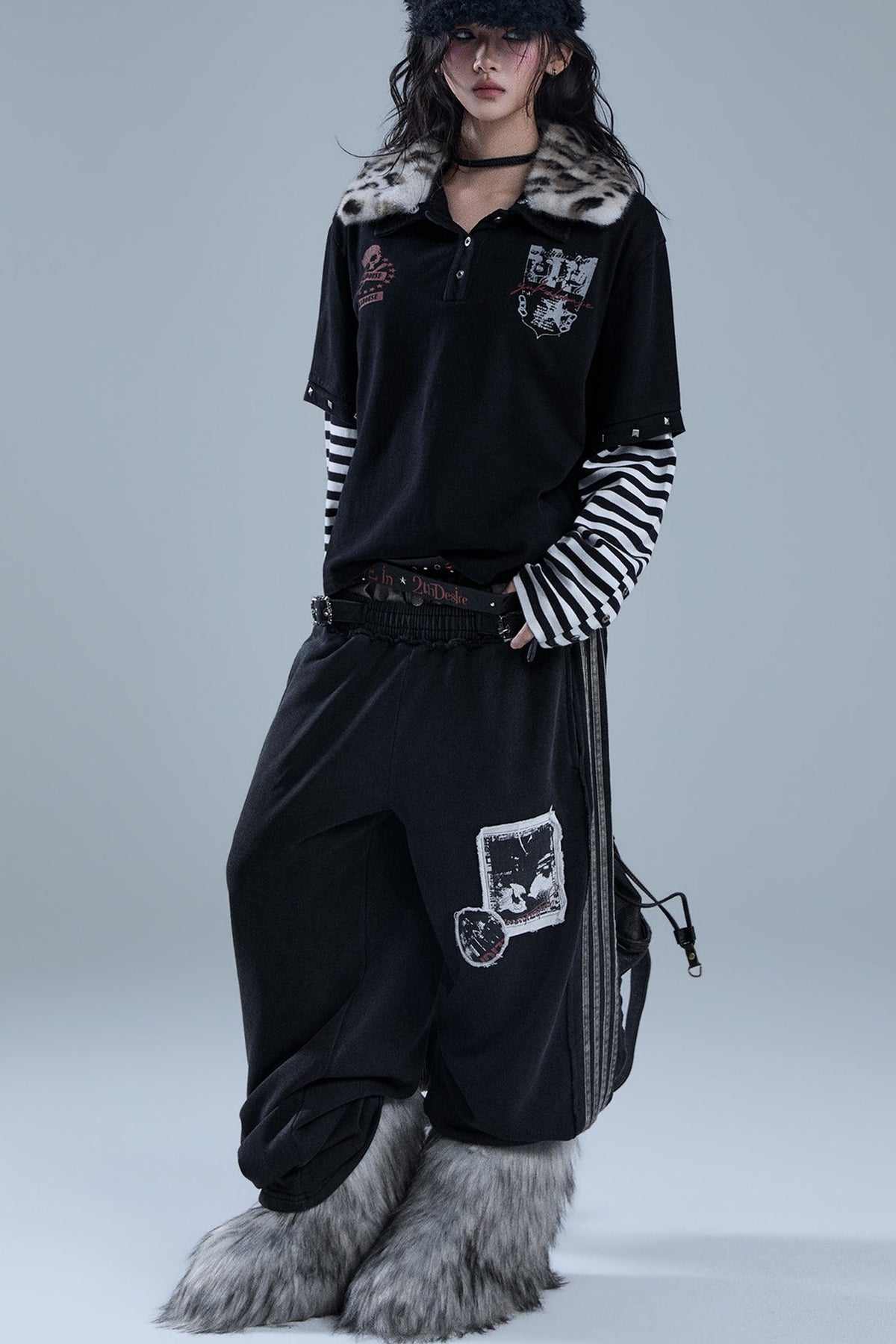 Layered-Look Patchwork Striped Pants