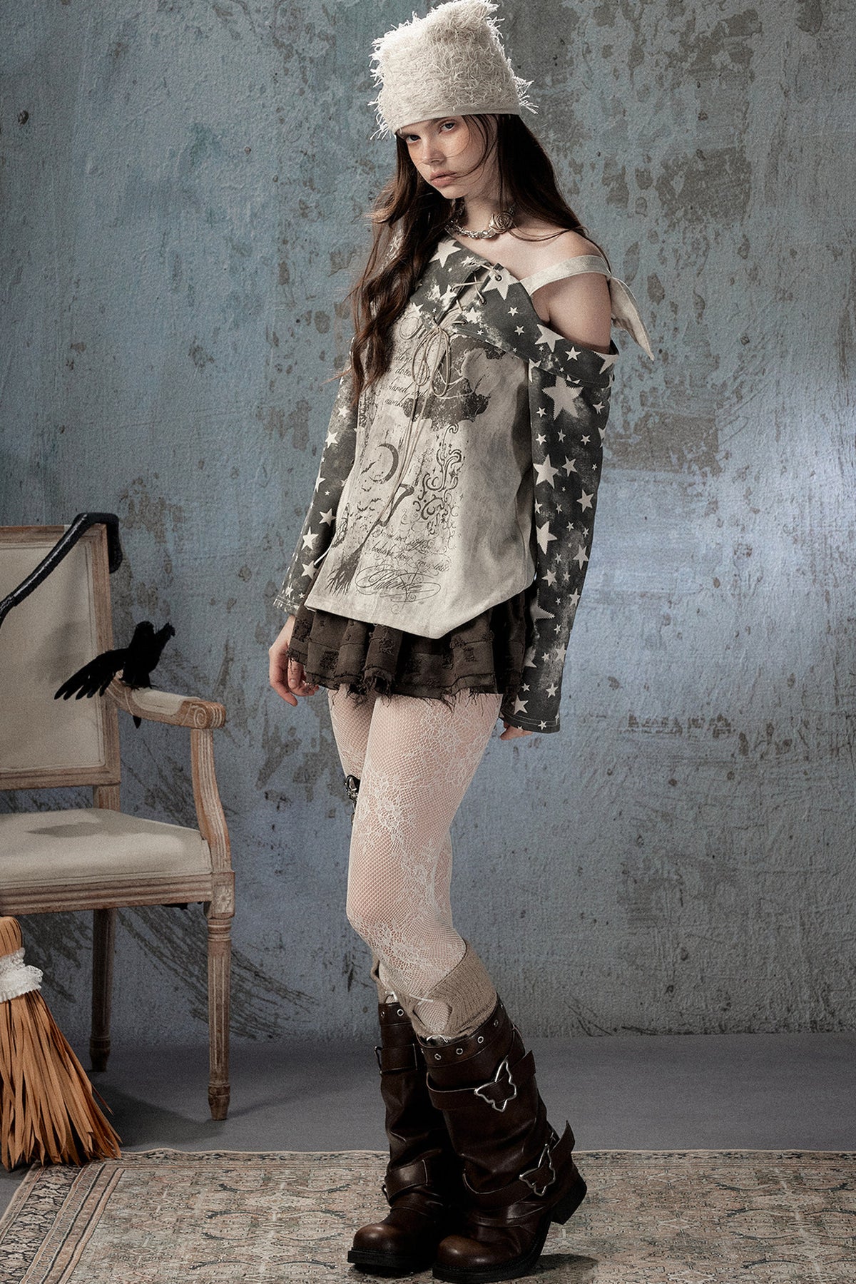 Plaid Wing Off-Shoulder Long-Sleeve T-Shirt
