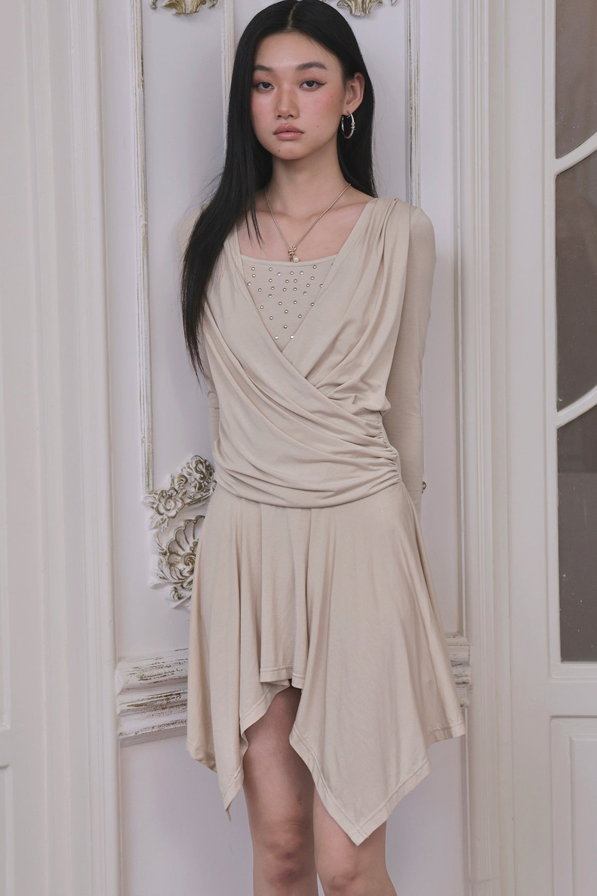 Layered-Look Draped Sequin Dress