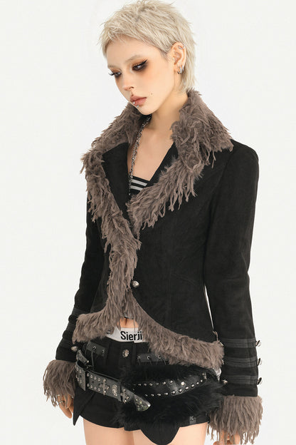 Retro Punk Black Fur Collar Jacket