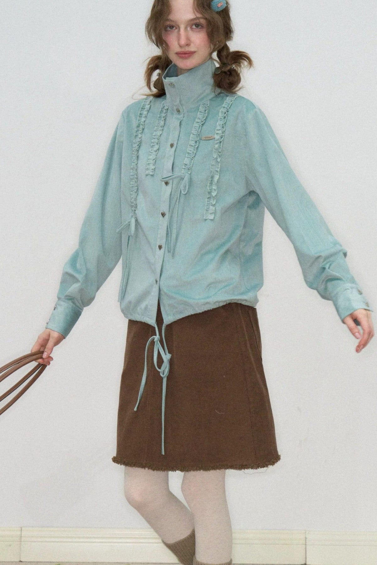Lace Drawstring Stand Collar Shirt