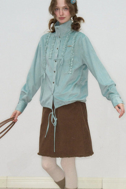 Lace Drawstring Stand Collar Shirt