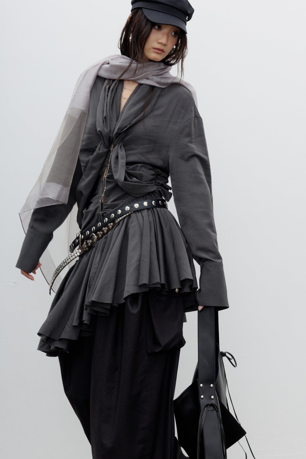 Sculpture-Style Pleated Asymmetrical Ruffle Hem Shirt Dress