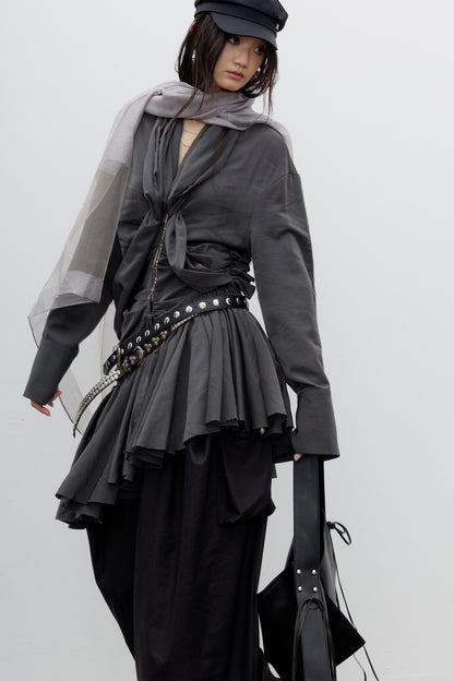 Sculpture-Style Pleated Asymmetrical Ruffle Hem Shirt Dress