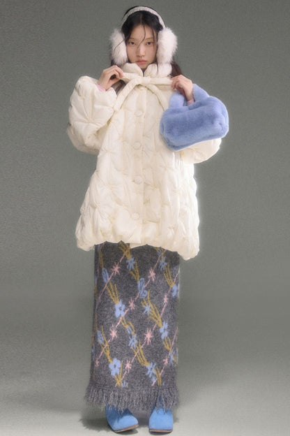 Ear-Shaped Wool-Blend Bird and Flower Jacquard Dress Set-Up