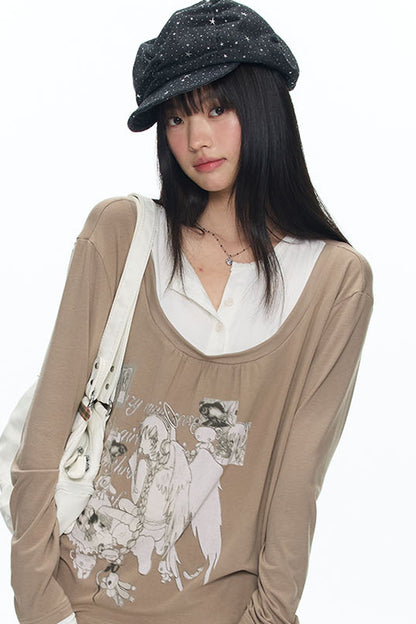 Brown Layered-Look Long Sleeve T-Shirt