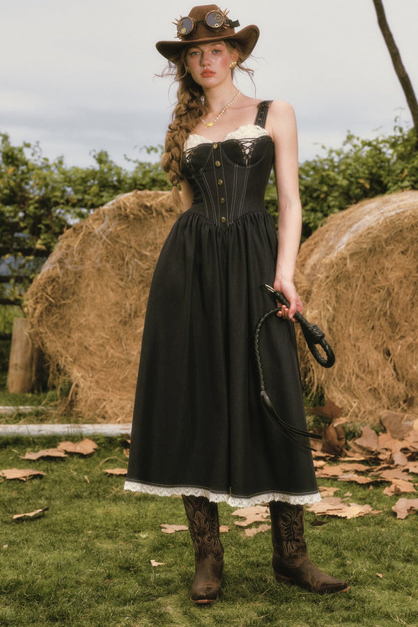 Dark Blue Denim Fishbone Strap Dress