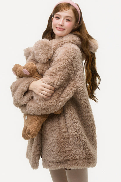 Hooded Bear Ear Fur Coat