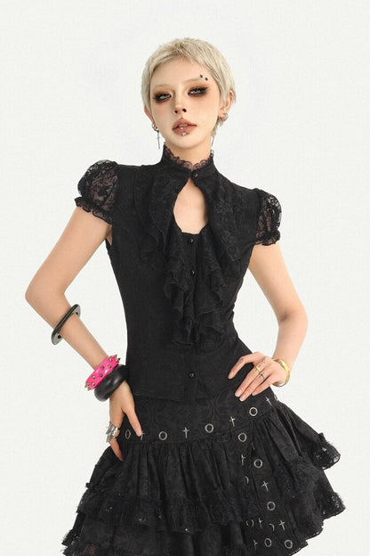 Dark Style Lace Stand Collar Top