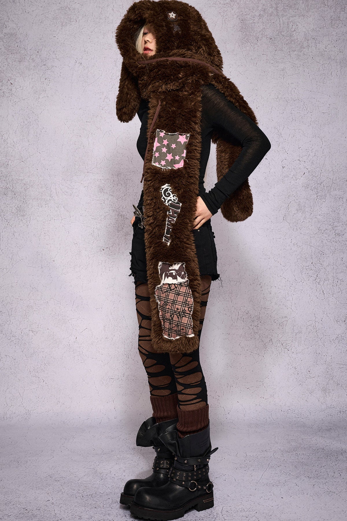 Brown Patchwork Lop-Eared Rabbit Hooded Scarf