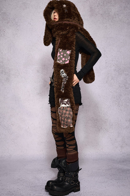Brown Patchwork Lop-Eared Rabbit Hooded Scarf