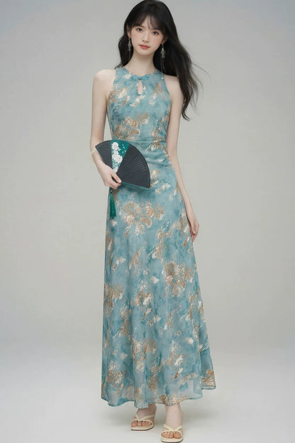 New Chinese Gold Jacquard Dress