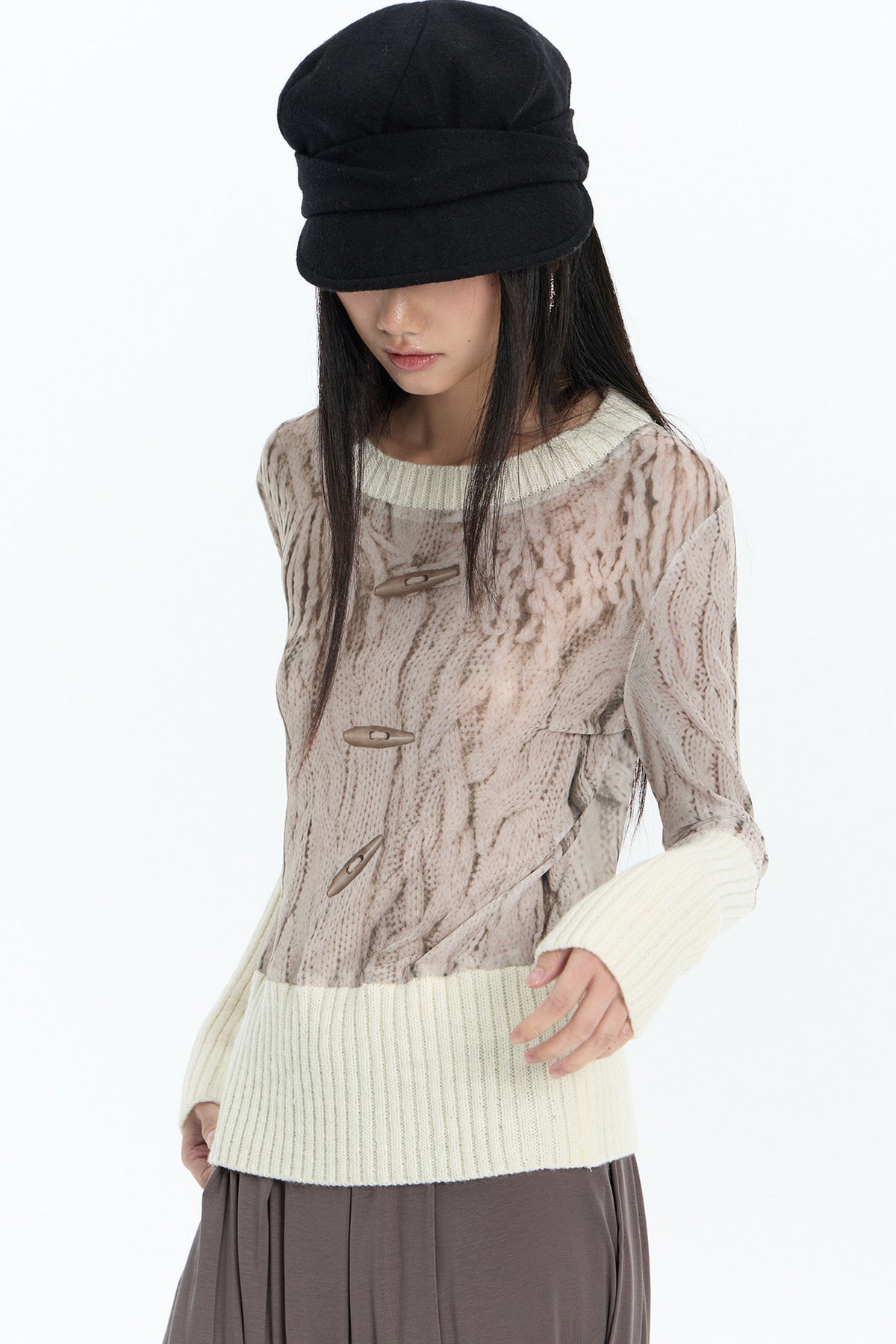 Ribbed Printed Mesh Knit Base Sweater and Skirt Set-Up