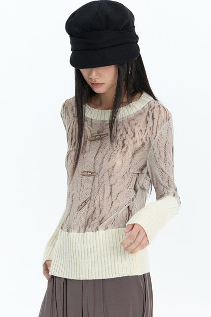 Ribbed Printed Mesh Knit Base Sweater and Skirt Set-Up