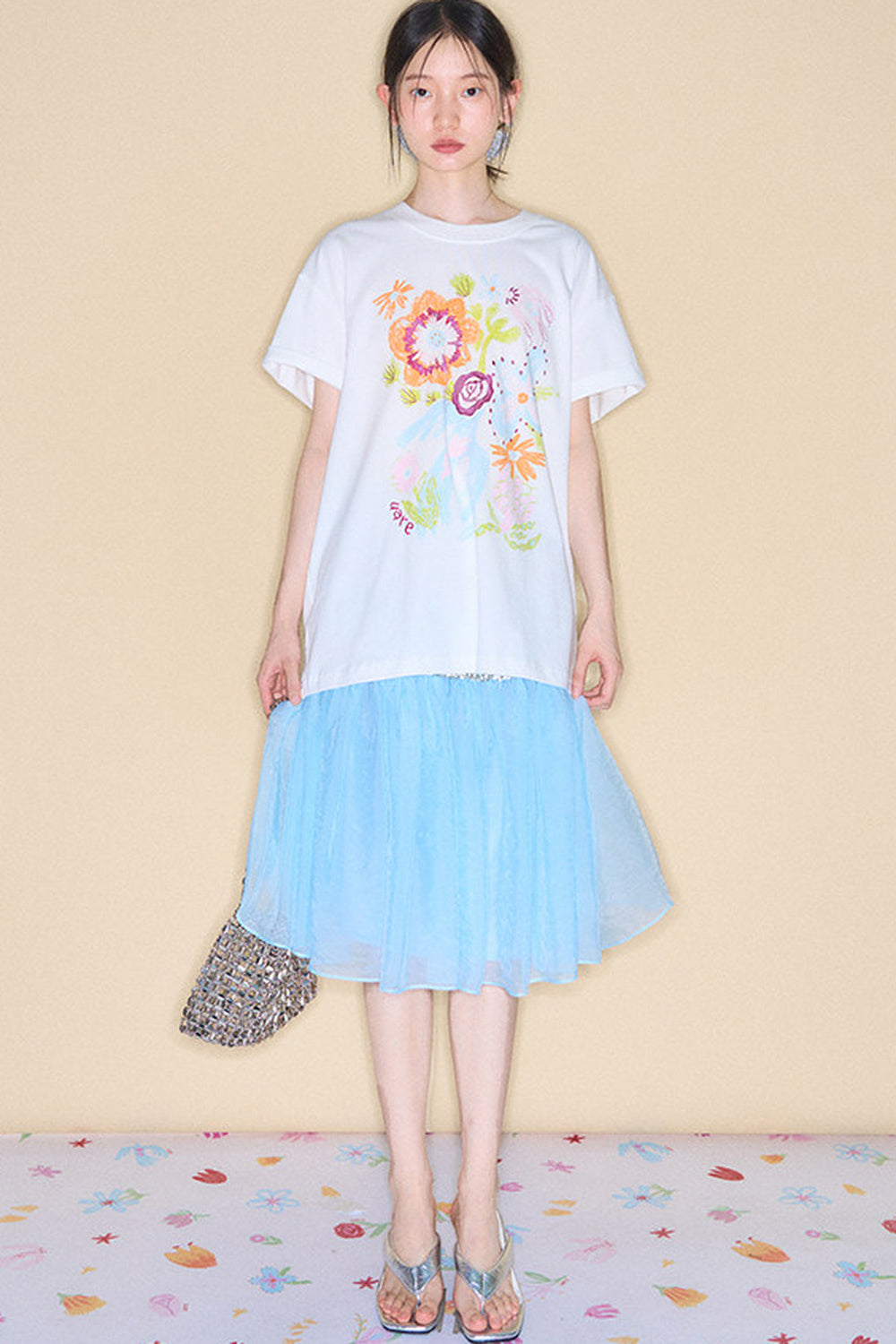 Hand-Painted Floral Bird Embroidered T-Shirt