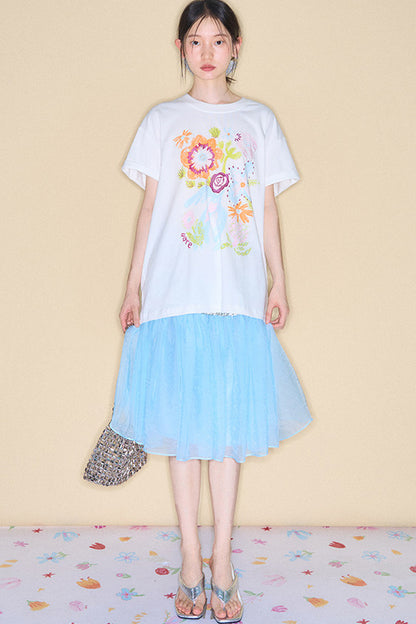 Hand-Painted Floral Bird Embroidered T-Shirt