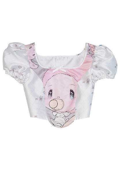 Blusa con stampa angeli e maniche a sbuffo