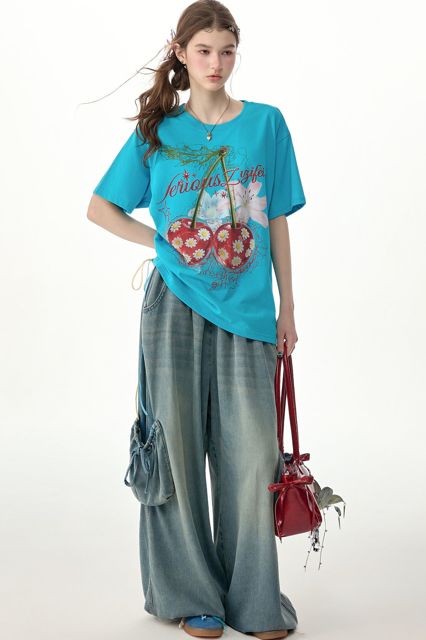Cherry Print Blue Short-Sleeved T-Shirt