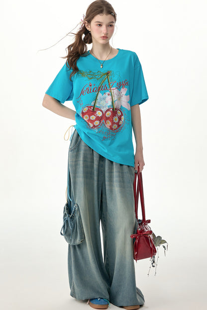 Cherry Print Blue Short-Sleeved T-Shirt