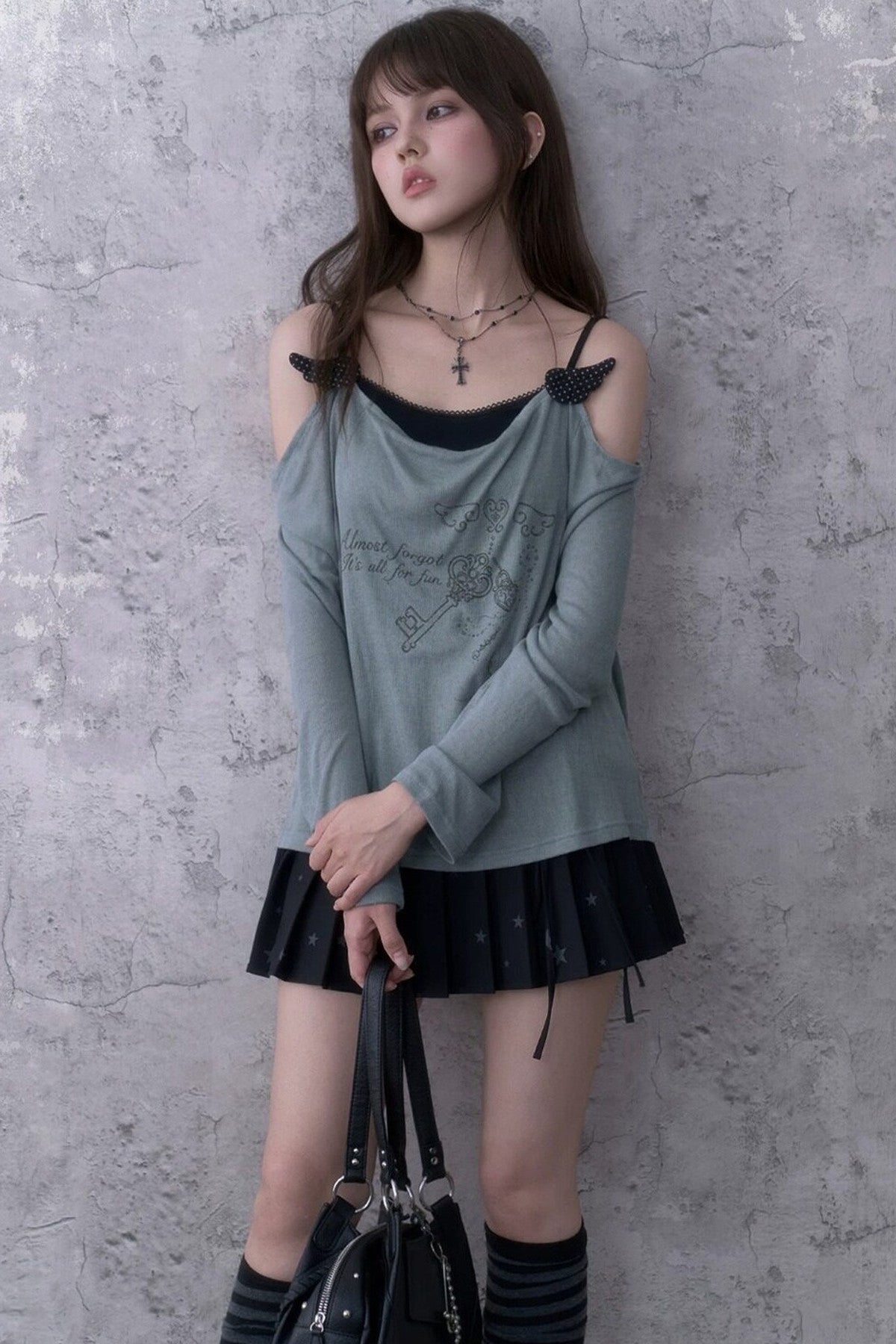 Gray Blue Draped Collar Layered-Look Blouse