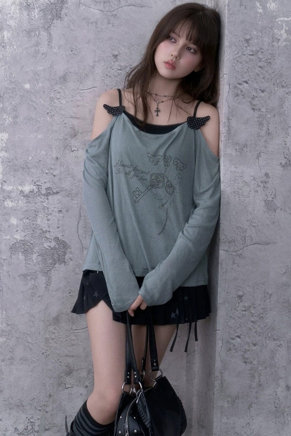 Gray Blue Draped Collar Layered-Look Blouse