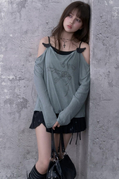 Gray Blue Draped Collar Layered-Look Blouse