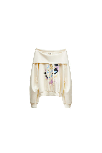 Cat Print Hooded Off-Shoulder Sweatshirt Shorts Set-Up