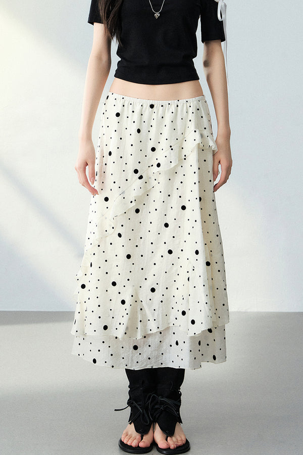 Flocked Polka Dot Ruffled A-Line Skirt and Top Set-Up