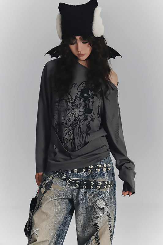 Style Printed Off-Shoulder Long-Sleeve T-shirt