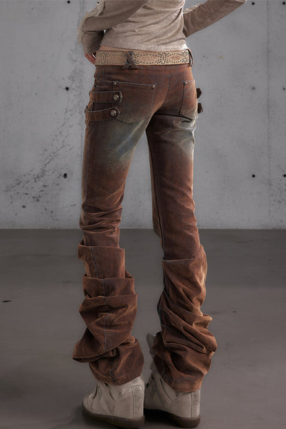 Punk Flocked Ruched Low-Waist Curved Leg Jeans