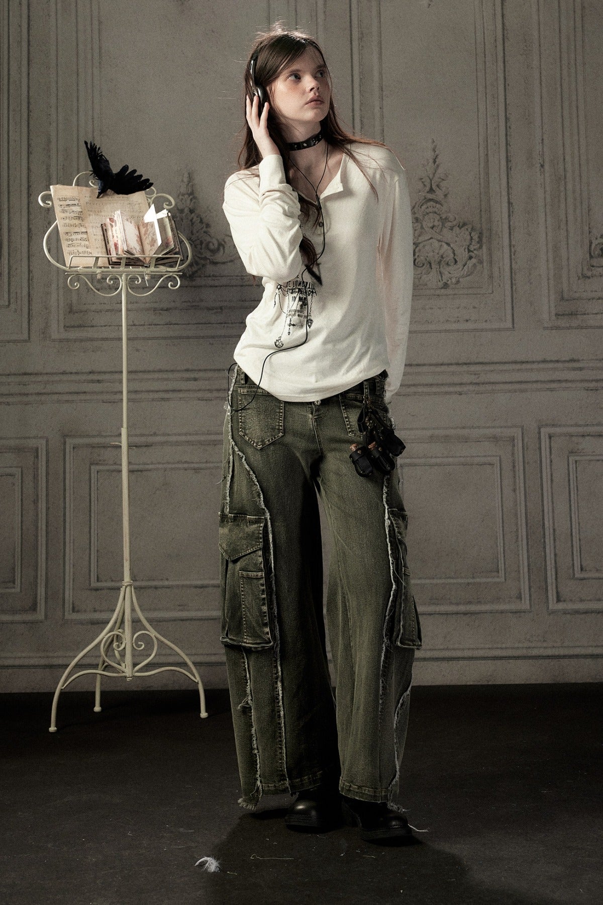 Beige Printed Long-Sleeved T-Shirt