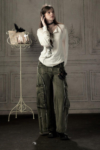 Beige Printed Long-Sleeved T-Shirt