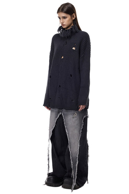Tassel Turtleneck Ripped Oversized Sweater