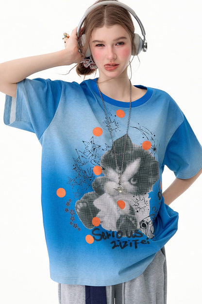 Maglietta blu sfumata con stampa gatto