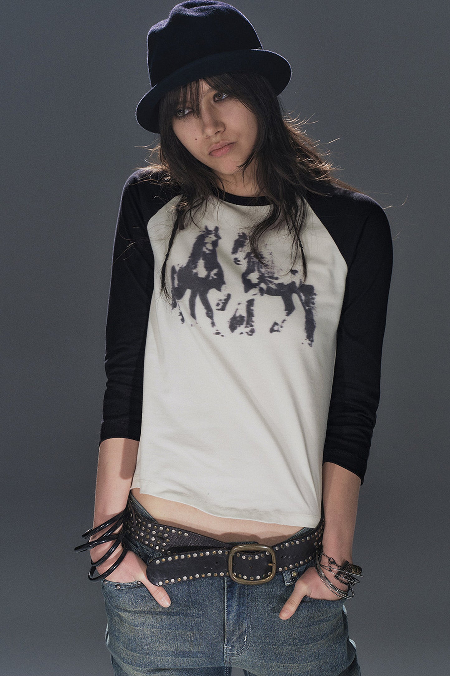 Pony Print Black White Splicing Raglan T-shirt