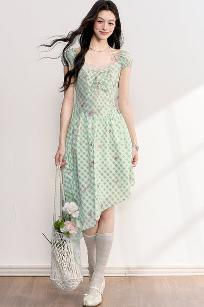 Mint Green Plaid Floral Lace Dress