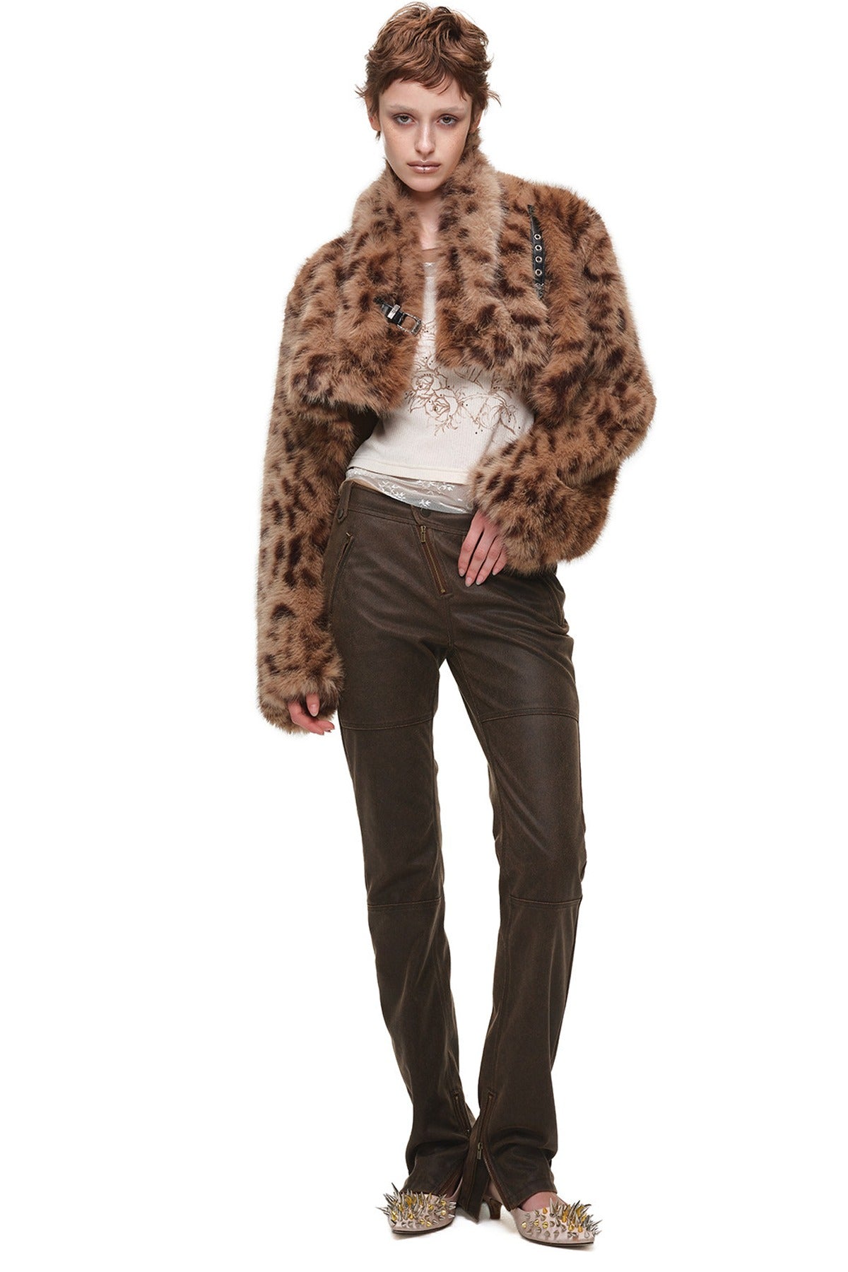 Belted Long Sleeve Leopard Fur Coat