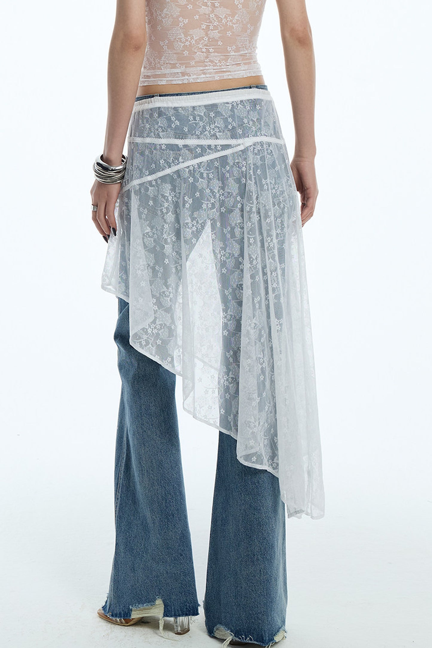 Sheer White Lace Side Ruffle Skirt
