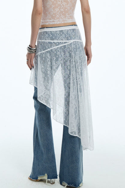 Sheer White Lace Side Ruffle Skirt