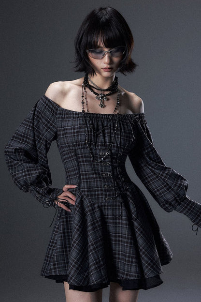 Plaid Off-Shoulder Tie A-Line Dress