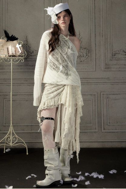Beige Asymmetrical Lace Spliced Skirt