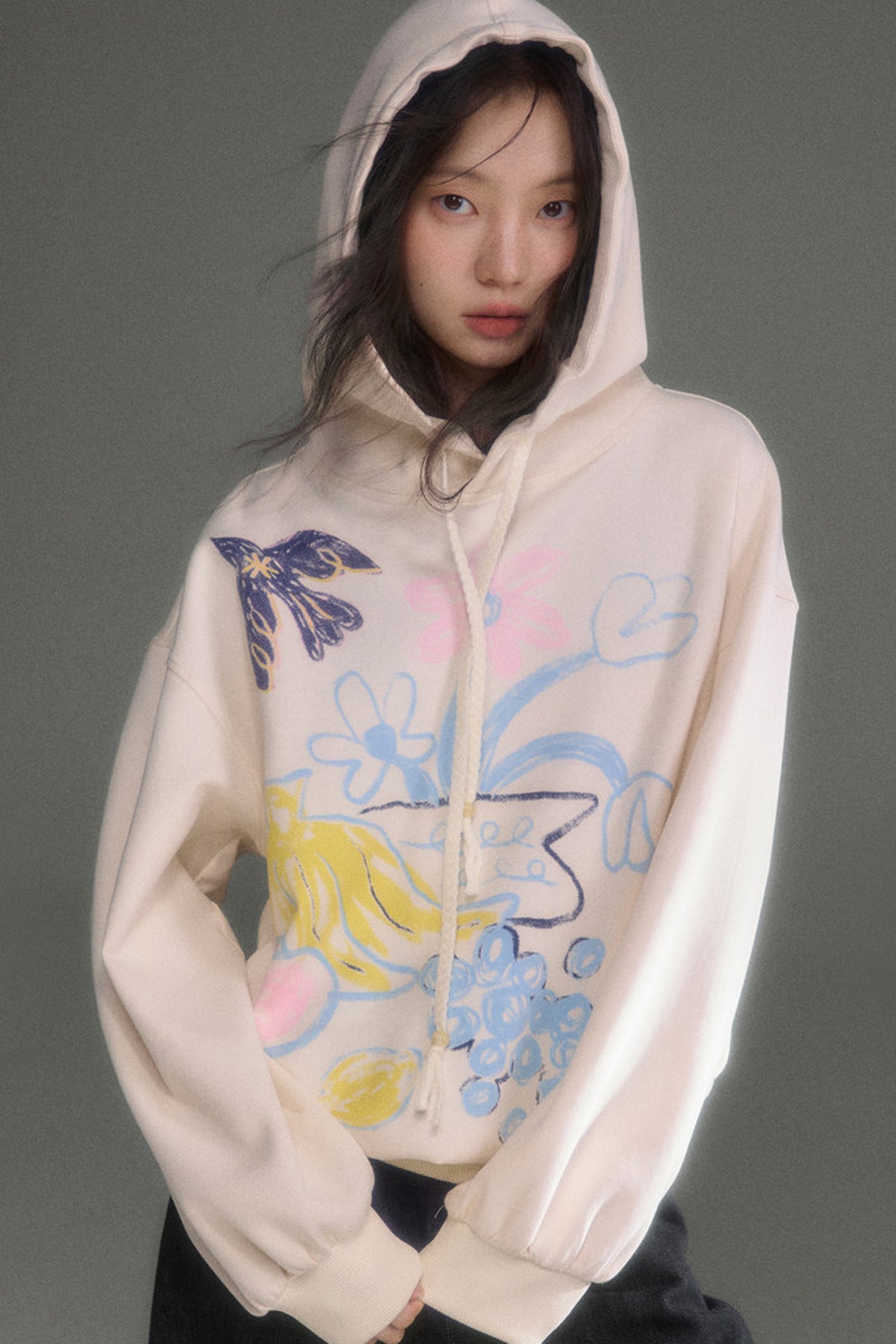 Ear Detail Bird Fruit Print Sweatshirt and Skirt Set-Up