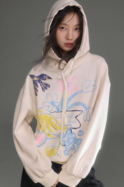 Ear Detail Bird Fruit Print Sweatshirt and Skirt Set-Up