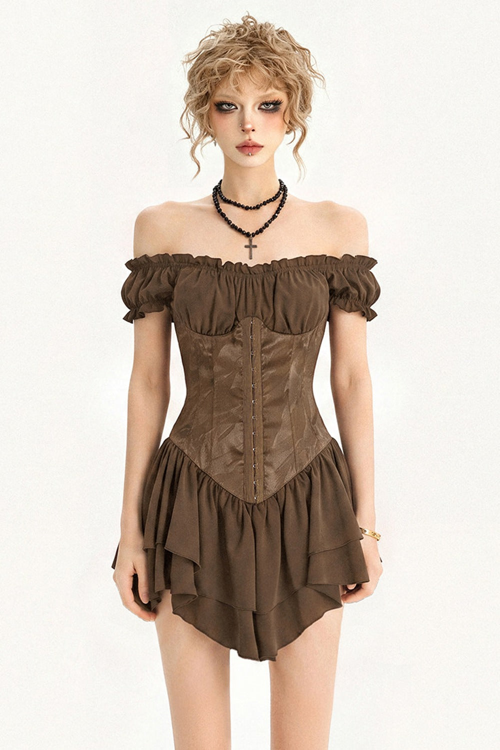 Gotisches schulterfreies Korsett-Minikleid mit Stufen